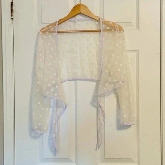 Sheer White Polka Dot Tie-Front Crop Top Long Sleeves Size Small - Picture 10 of 10